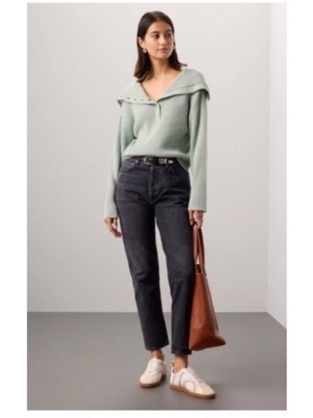 Marissa Webb S Green Wool Blend Oversized ribbed button Convertible Neck Sweater